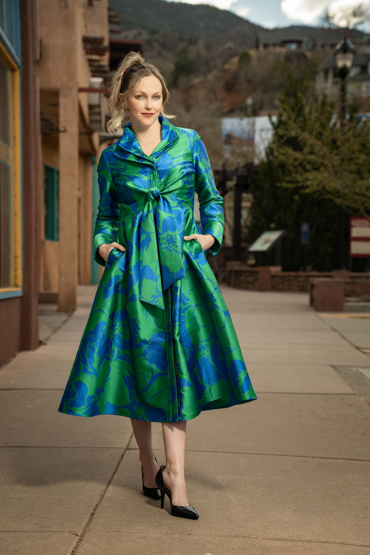 Green and Blue Fabric Coat Dress